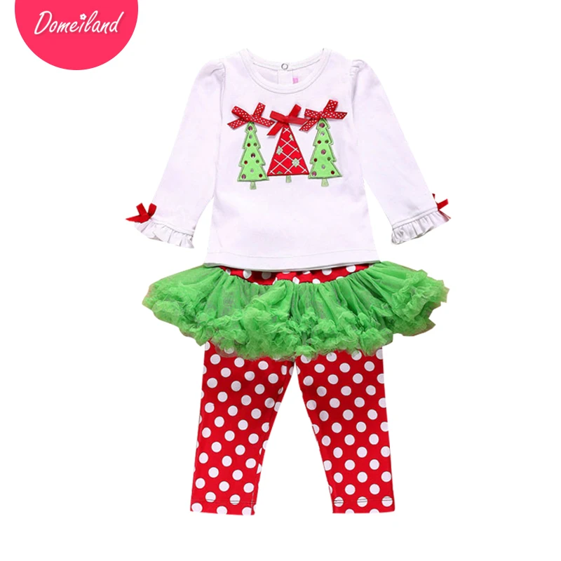 

New 2017 Baby Girl Cute boutique outfits clothing sets for girls cotton Christmas Tree long sleeve tutu ruffle pants
