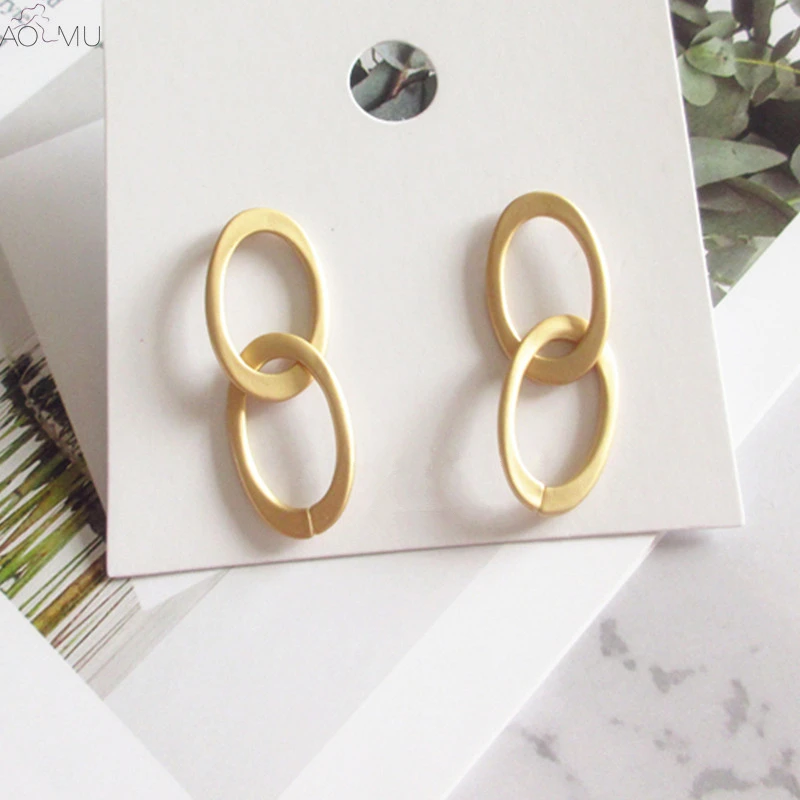 

AOMU Korean Simple S925 Sterling Silver Pin Matte Matel Gold Geometric Double Oval Link Chain Stud Earrings For Women Girl