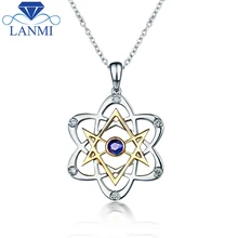 Ожерелье в форме звезды, настоящее золото 9 K, двухцветное, Круглый сапфир, кулон,, вечерние драгоценные камни для девушек