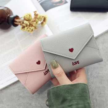 

Heart Pattern Portable Mini PU Leather Multifunctional Small Embroidery Coin Pocket Three Fold Fashion Card Slots Women Wallet