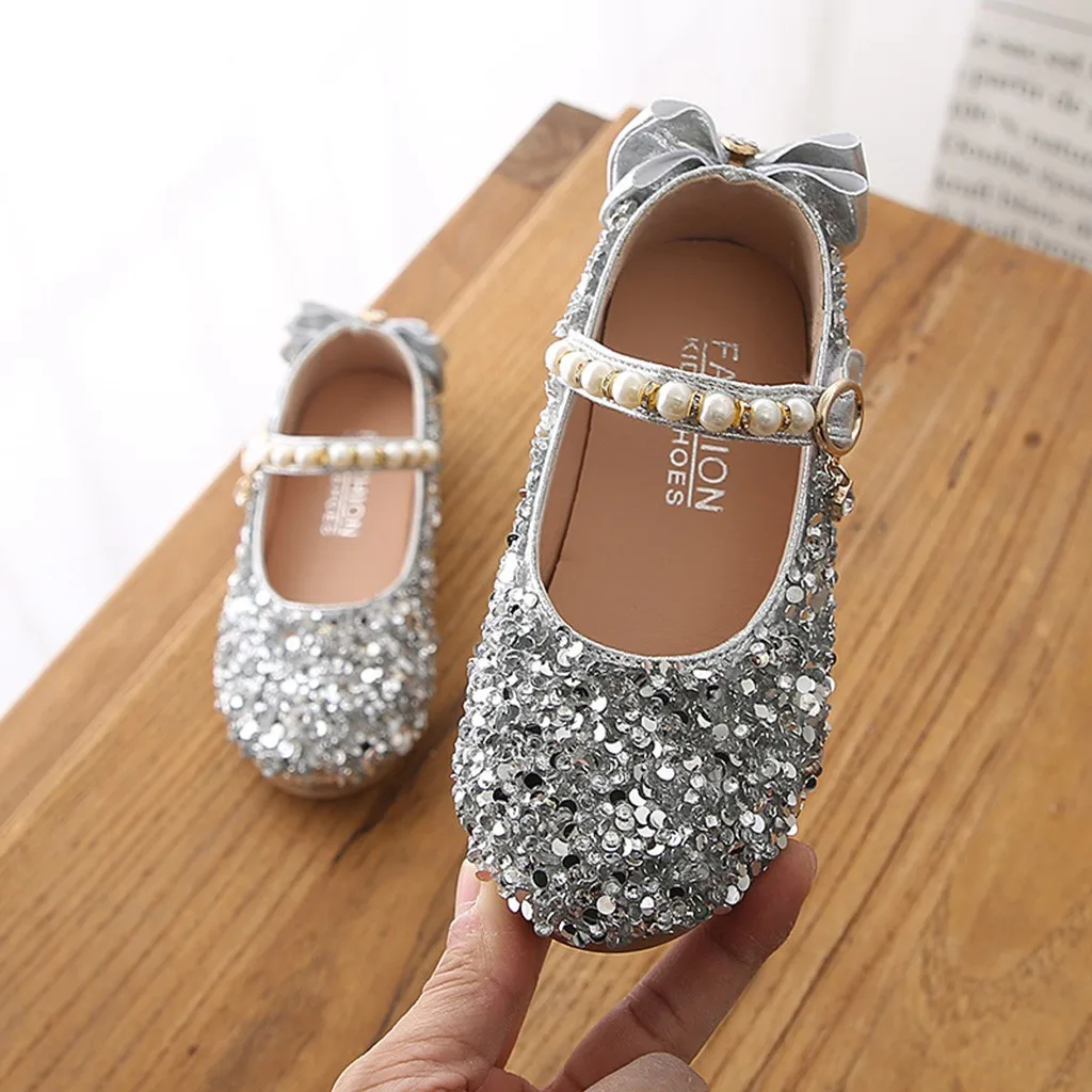 TELOTUNY/Детские вечерние туфли принцессы с кристаллами и бантом для девочек; тонкие повседневные туфли на плоской подошве с жемчугом для танцев; Z0326