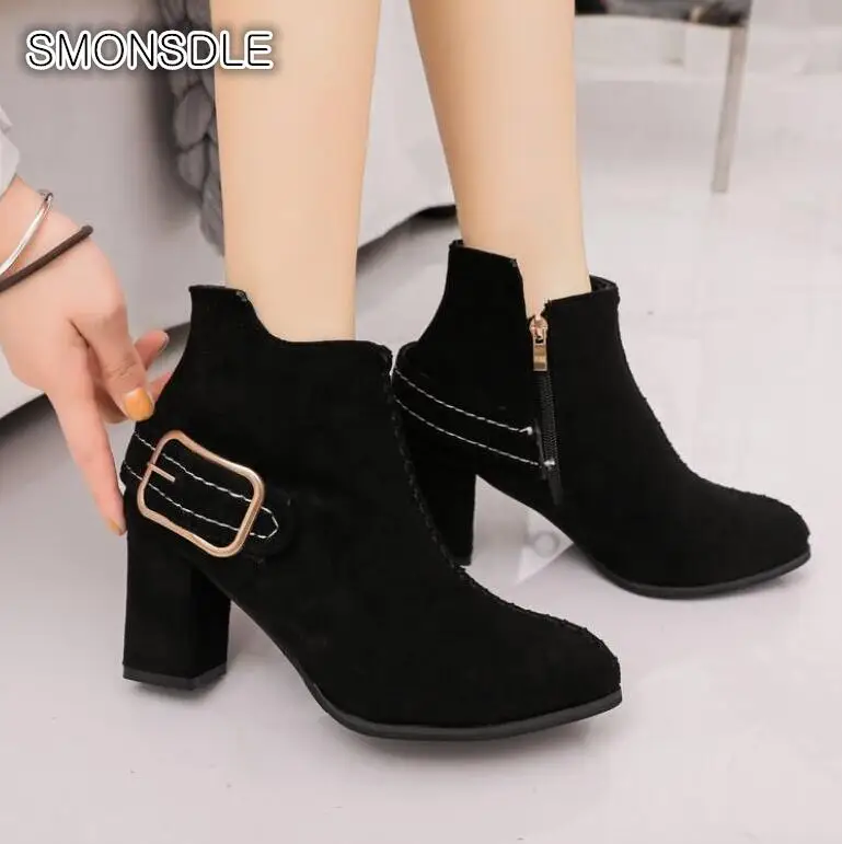 

SMONSDLE 2018 autumn and winter new short Martin boots female high heel thick with velvet ankle boots fashion women's shoes