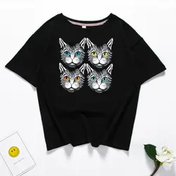Lanmox новые harajuku хлопок Футболка короткий рукав милый кот футболка с принтом Для женщин повседневные футболки женские свободные основные
