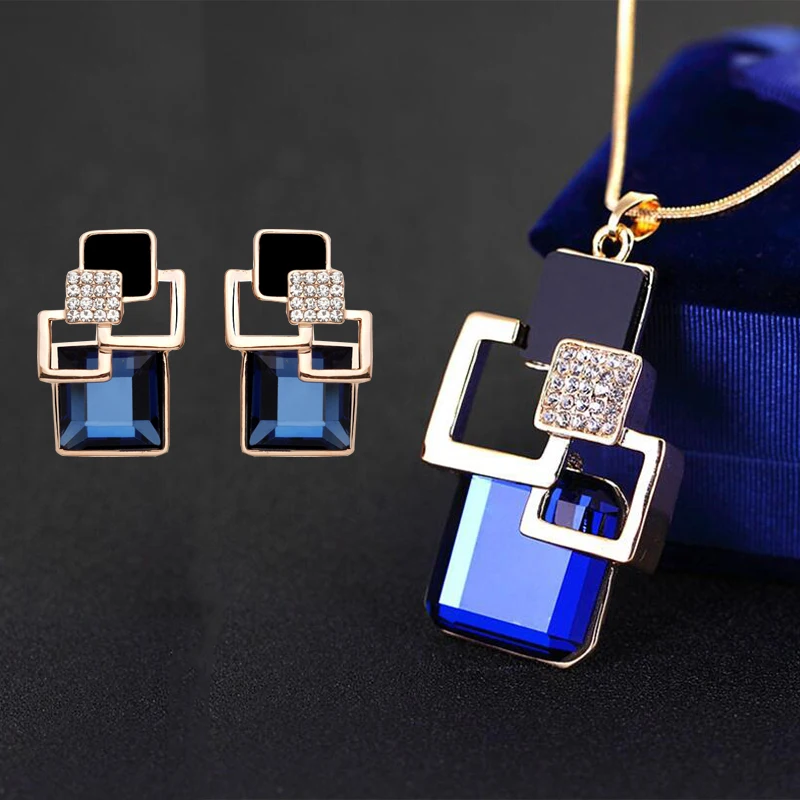 

Classic Square Crystal Stud Earrings And Pendant Necklace Fashion Brand Wedding Party Jewelry Sets For Women For Gifts