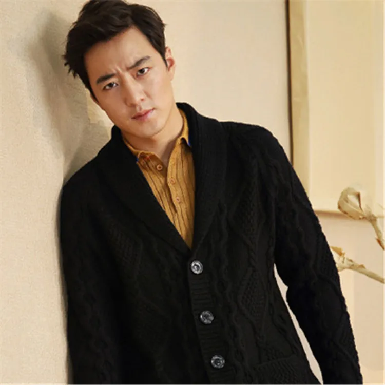  100%hand made pure wool twisted knit men fashion argyle turn-down collar single breasted cardigan s
