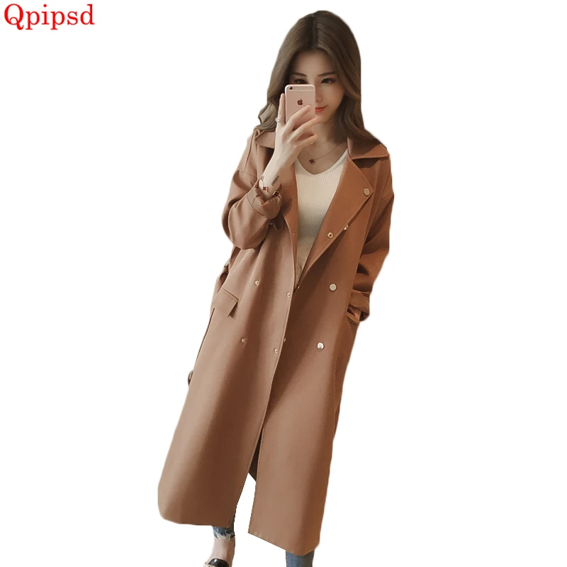 

Fashion long double-breasted trench coat 2019 Korean spring autumn slim windbreaker female loose overcoat womens solid outerwear