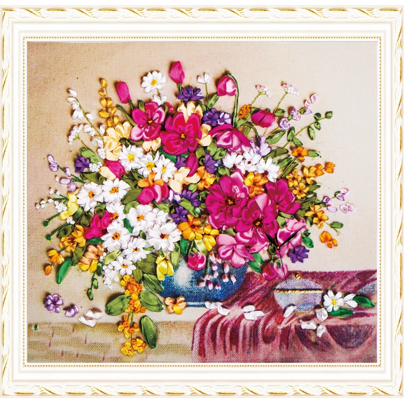 

Ribbons Embroidery Decorative Canvas Painting Flowers Needlework Art Cross Stitch Kit DIY Sewing Crafts Home Decor C-0268