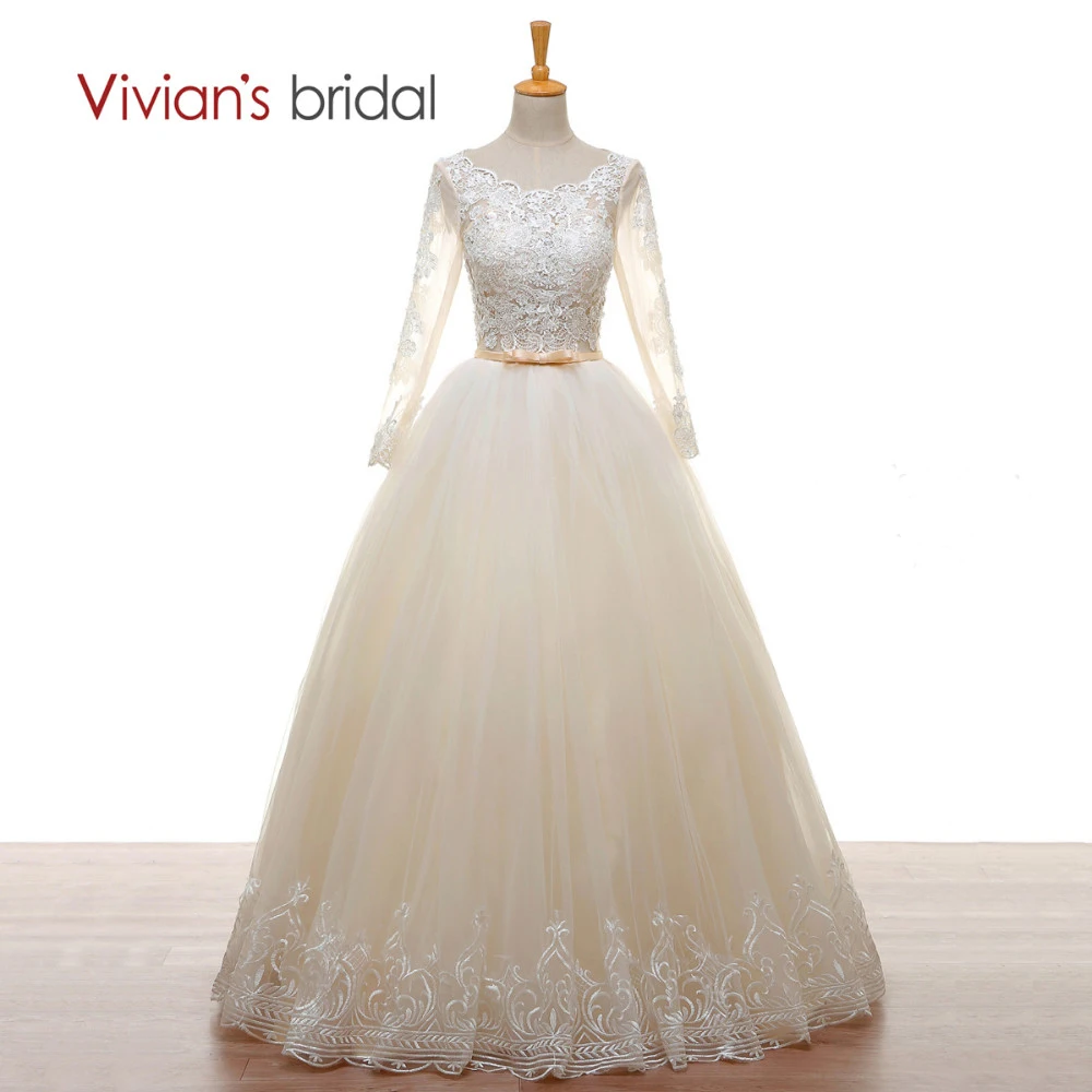 Vivian’s Bridal A line Wedding Gown Long Sleeves Beads Lace Tulle Champagne Wedding Dresses Backless Lace Up 2018 Bridal Dress