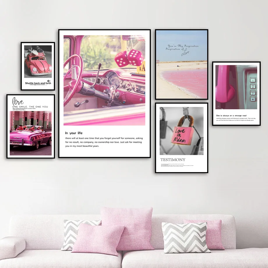 Pink Car Phone Lock Beach Landscape Wall Art Canvas Painting Nordic Posters And Prints Pictures For Living Room Girl Decor | Дом и сад