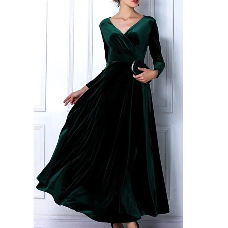 Elegant Dark Green Velvet Prom Dresses 2017 Full Sleeve V Neck Evening