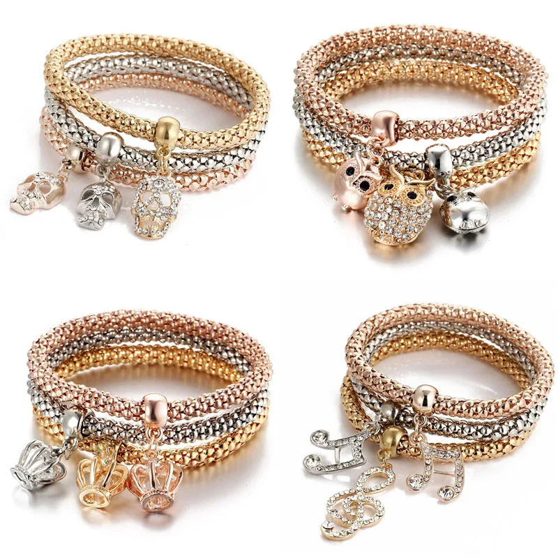 

Modyle 2019 New Vintage Designer Austrian Rhinestones Gold Color Crown Skull Owl Charm Bracelets Popcorn Chain Jewelry For Women