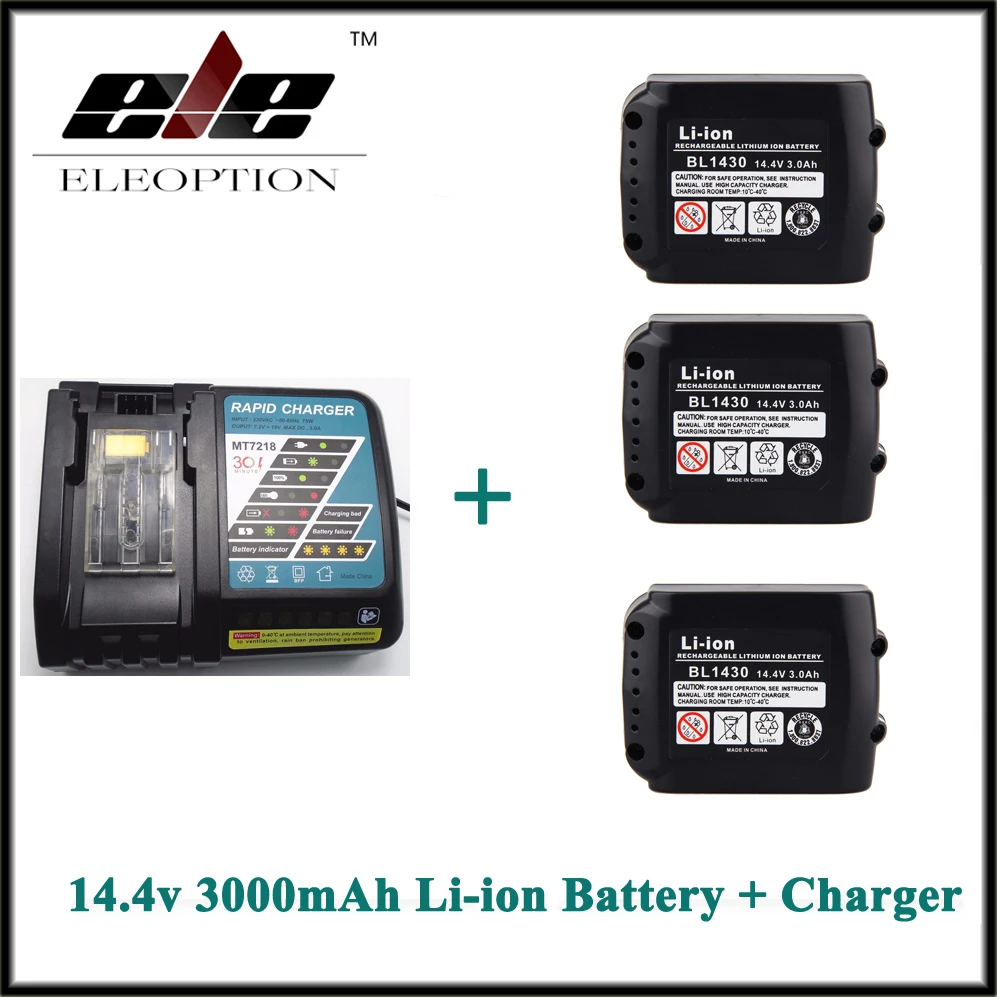 

Eleoption 3000mAh 3.0Ah 14.4V Li-ion 3 PCS Rechargeable battery for Makita BL1415 BL1430 BL1440 + Charger