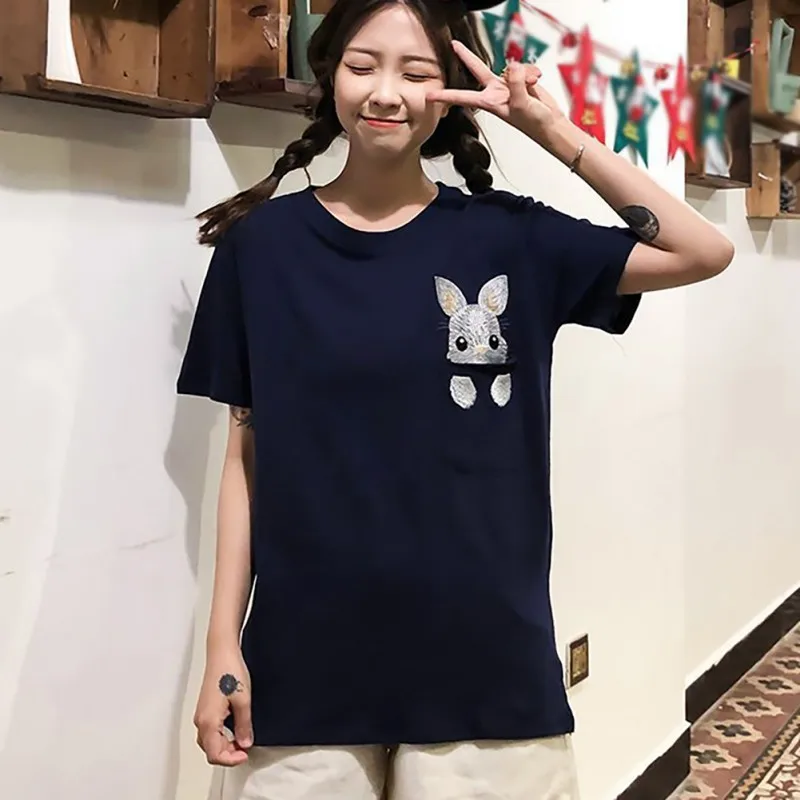 

Women Embroidery Rabbit Cartoon Pocket T-Shirts Soft Fabric Short Sleeve Round Neck Summer Female Tee Tops