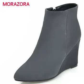

MORAZORA big size pointed toe super high heel boots fashion wedges ankle boots for women autumn winter short plush ladies boots