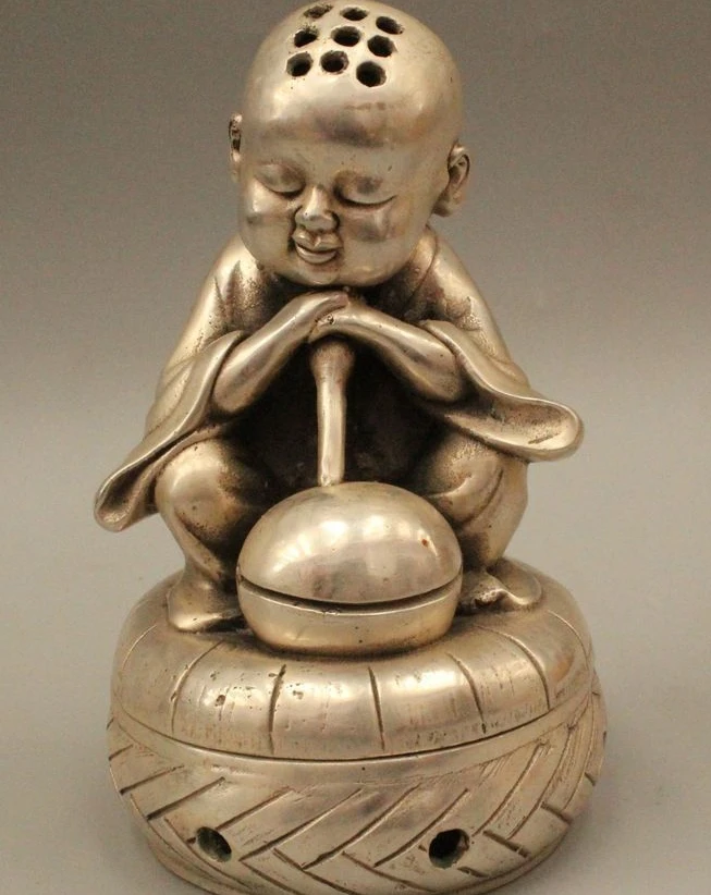 

7" Chinese Folk Silver Buddhist monk Bonze Shaveling Sleep Incense Burner Censer
