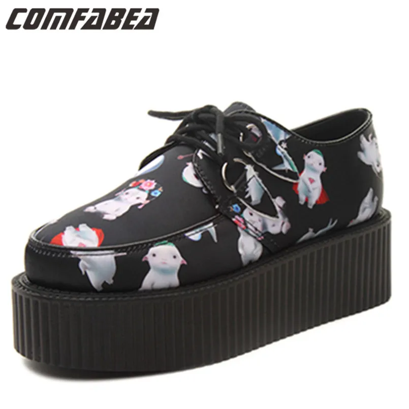 

The Newest design women cartoon platform creepers fashion Harajuku lace up goth punk shoes pattern shoes for woman