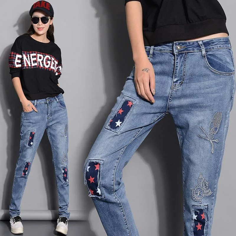 2016 ripped jeans for women the new baggy embroidery denim harem pants trousers vaqueros mujer jean