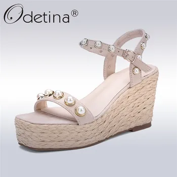 

Odetina New Fashion Sweet Dress Sandals Women Wedges High Heels Platform Straw Shoes Band Square Open Toes Shoes Summer