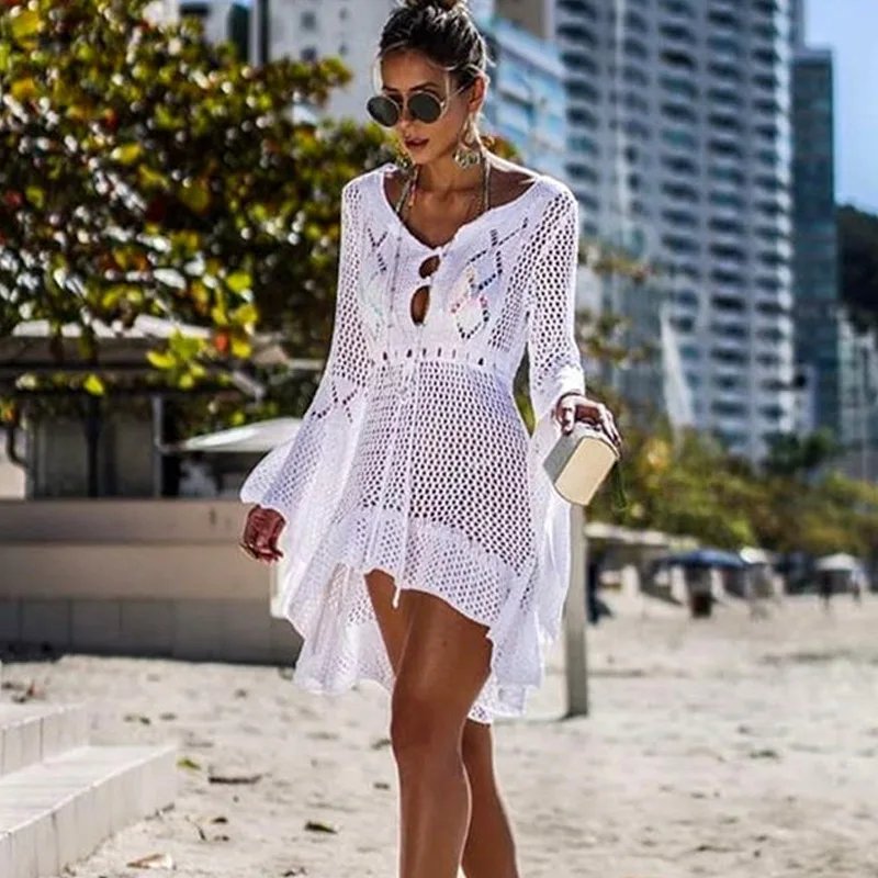 

Women Crochet Knitted Beach Bikinis Cover Up Tunic Long Sleeve Hollow Beachwear BHD2