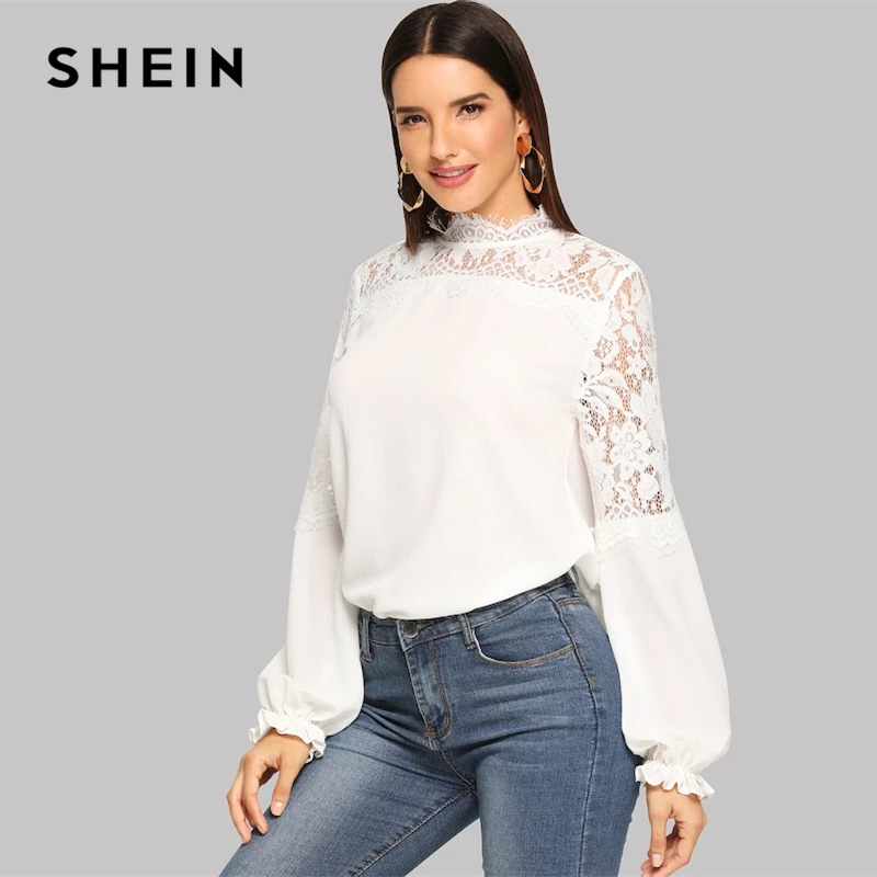 

SHEIN White Contrast Lace Shoulder Frilled Floral Bishop Sleeve Top Women Spring Stand Collar Long Sleeve Office Top Blouses