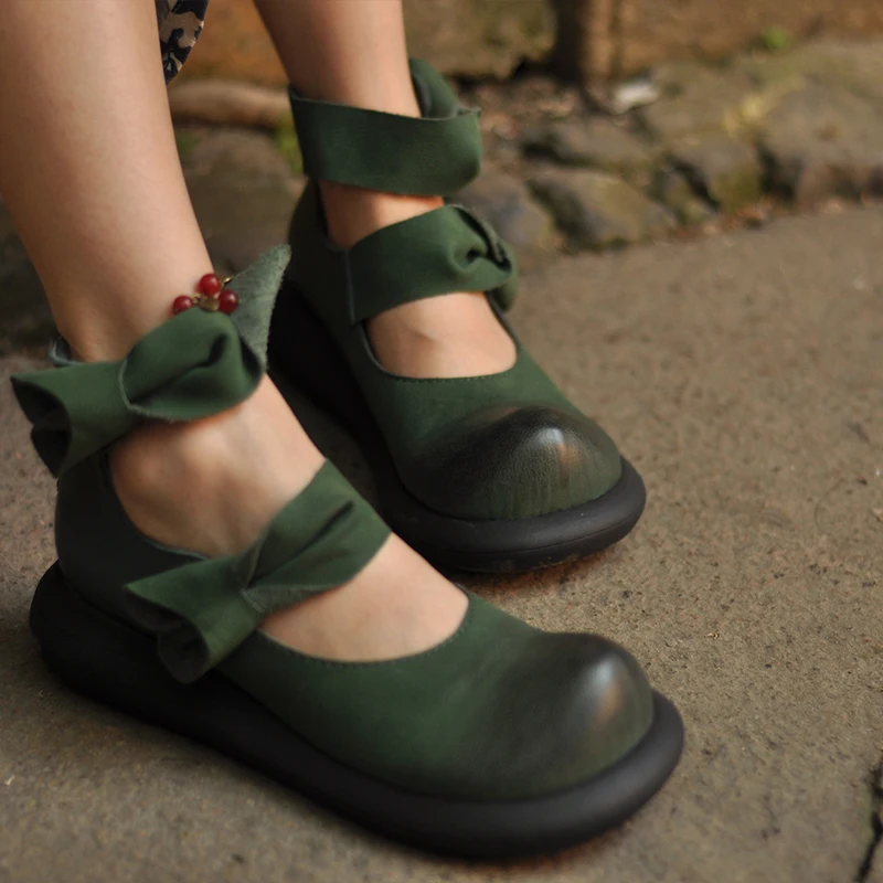 

Artmu Fashion Women Shoes Thick Sole Casual Handmade Leather Shoes Zipper Women Comfort Vintage Mary Jane Dress Shoe Green