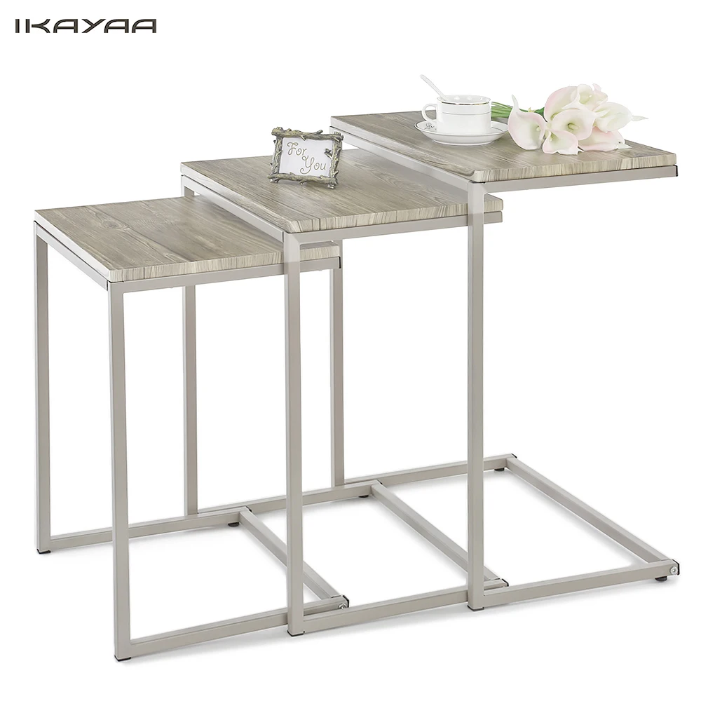 iKayaa 3PCS Modern Tables Set Sofa Couch Living Room Side End Coffee Tables Ottoman Bedroom Night Stand Home Furniture