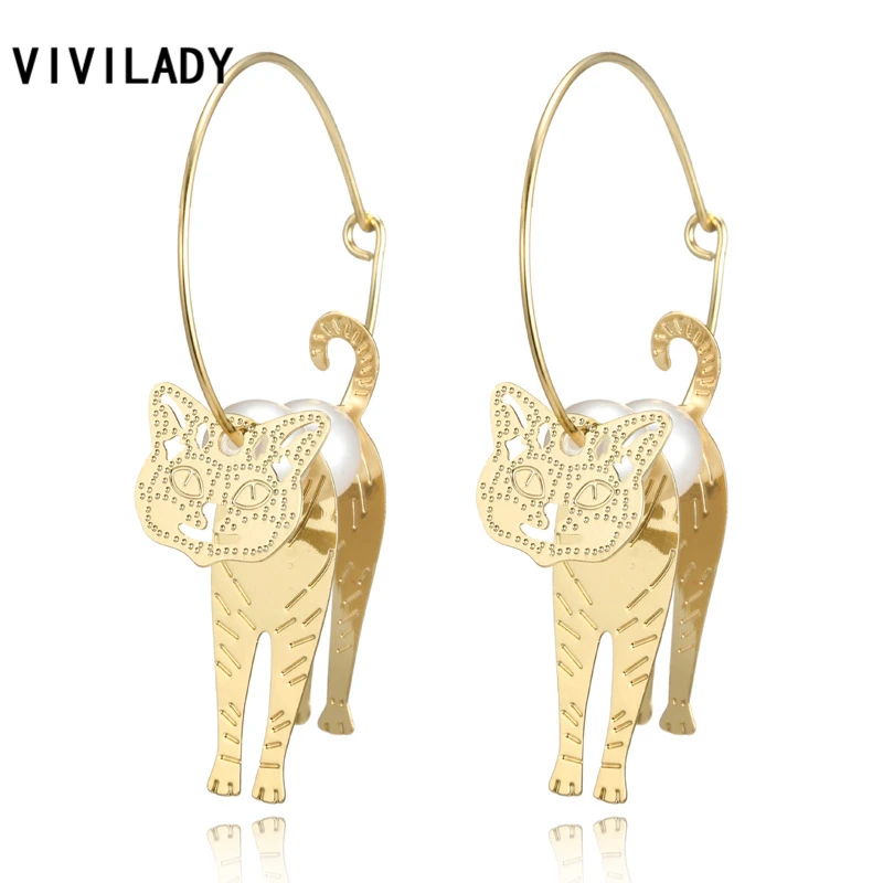 VIVILADY Милые 3D серьги кольца в виде кошки женские золотого цвета имитация