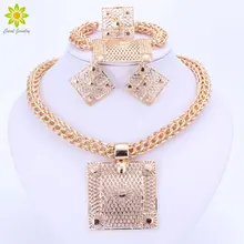 Модные Ювелирные наборы Большая квадратная Подвеска Ожерелье Серьги Браслет Кольцо Дубай золотой цвет Африканский костюм Ювелирные наборы для женщин