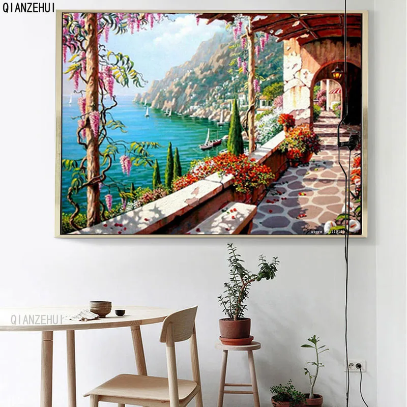 

DIY Rhinestone plastic crafts painting diamond Seaside corridor Square diamond painting cross stitch full diamond embroidery