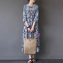 Повседневное платье, летнее платье, винтажное платье с принтом, пуговицы, половина рукава, плюс размер, платье для женщин, элегантное свободное льняное платье