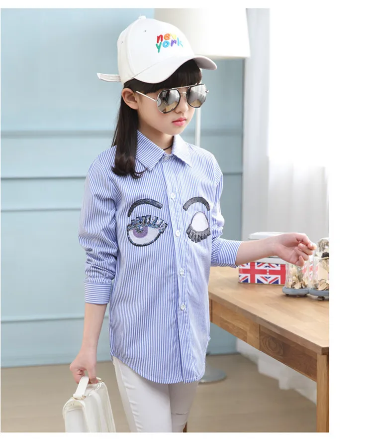 3-12 y kids girls shirts spring autumn girl long sleeve shirt school clothes stripe sequins eye 12 years children clothing top (5)