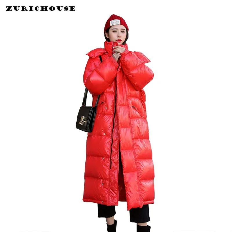

ZURICHOUSE 2019 Winter Coats Woman Long Hooded Bright Surface Metal Red Warm Parka Female Plus Size Down Cotton Padded Jackets
