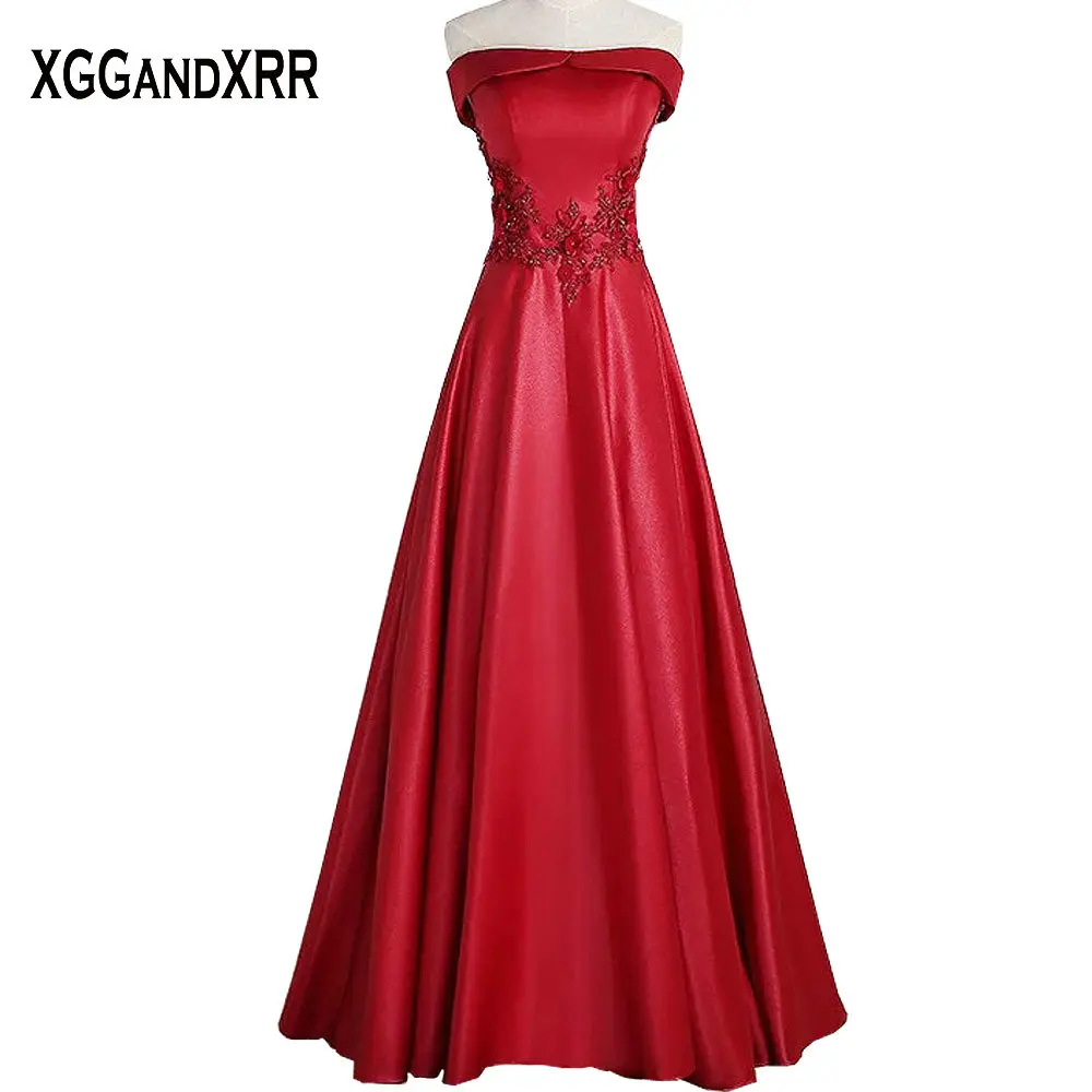 Red Satin A Line Prom Dresses 2018 Boat Neck Appliques Beaded Lace Up