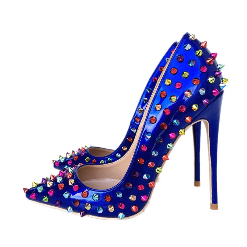 

2019 free shipping women spikes blue Patent leather Poined Toe Stiletto high heel pump HIGH-HEELED SHOES Wedding Shoes 12cm 10cm