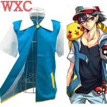 Anime Pokemon Ash Ketchum Trainer Traje Cosplay Capa de la Chaqueta de Manga Corta Para Adultos Para El Hombre Y la Mujer de Halloween Fiesta de Disfraces WXC