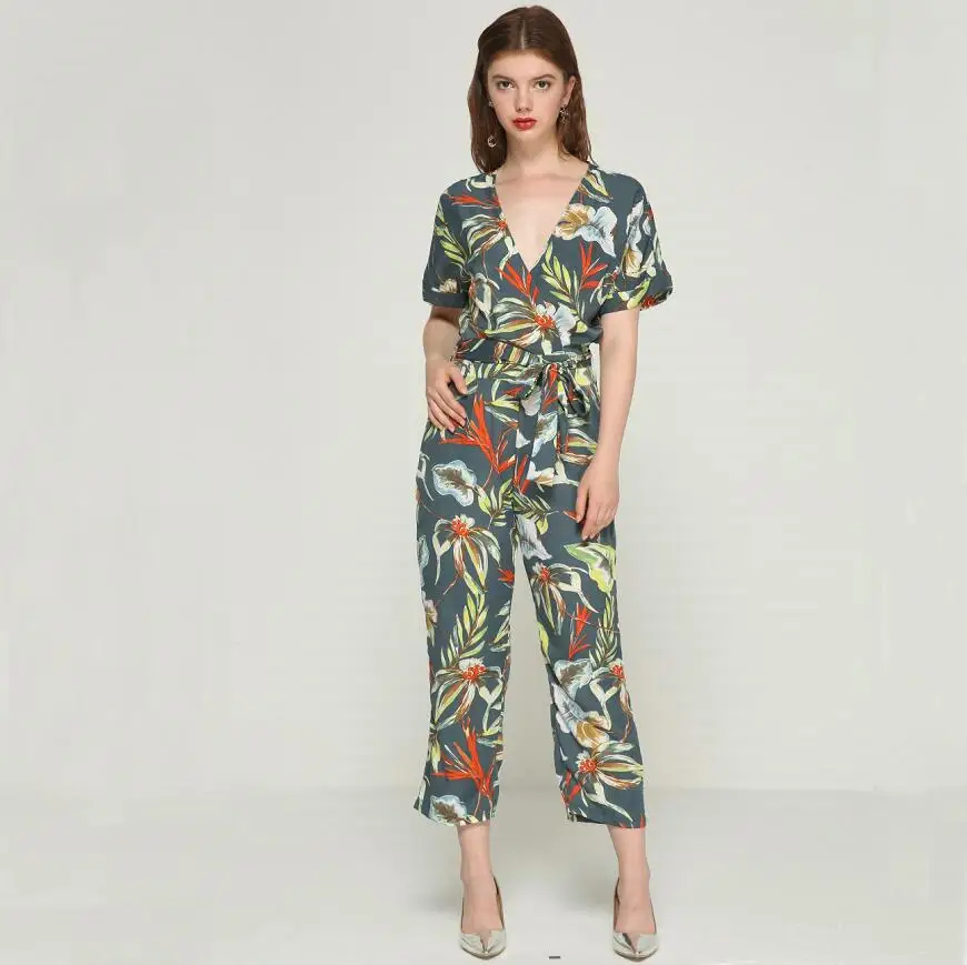 Vadim vintage floral V neck jumpsuits bow tie sashes backless pleated