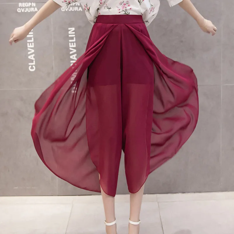 

New chic spring summer chiffon ankle-length wide leg pants fashion women OL casual loose transparent trousers