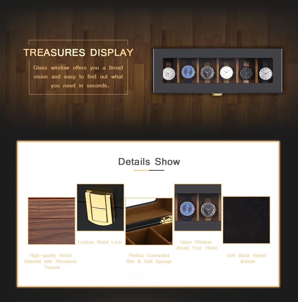 6 Slots Watch Organizer Display Case Wood Luxury Glass Top Wristwatch Box for Men Women