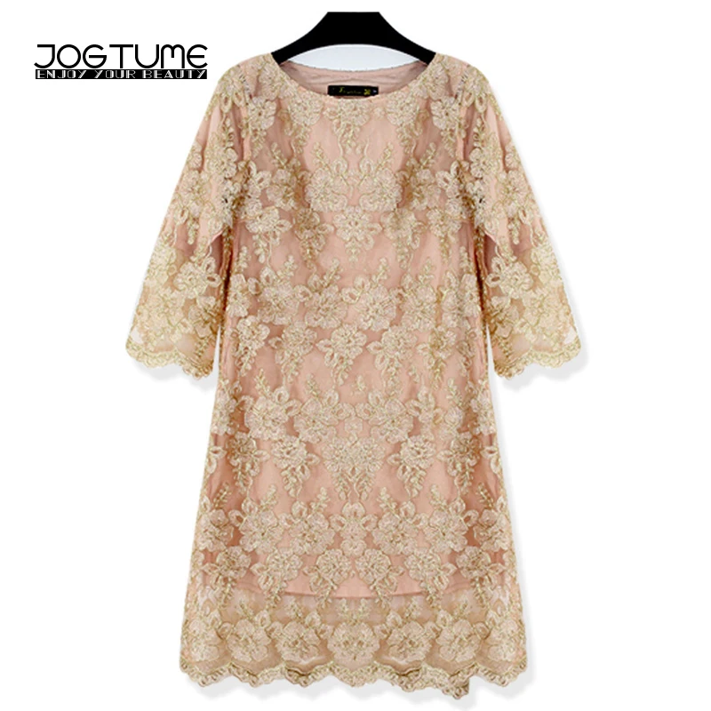 

JOGTUME Gold OL Mini Dress 2017 Spring Autumn Womens Embroidery Lace Dress Ladies Fashion Elegant Pencil Dress Plus Size 4XL 5XL
