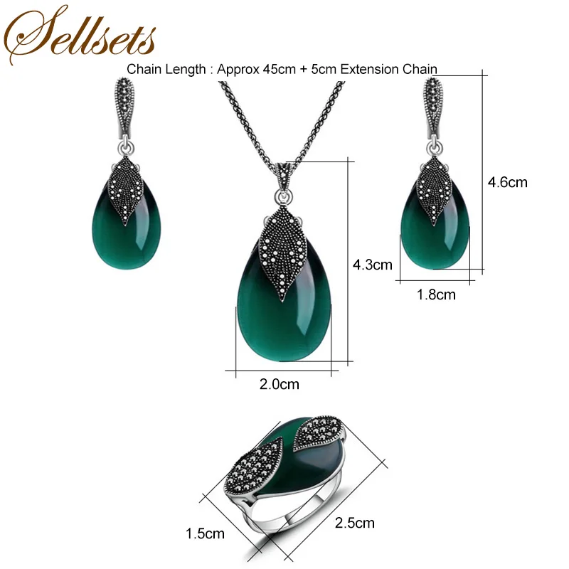 Seelsets ювелирные изделия из природного камня Винтажный серебряный цвет зеленый опал комплект ювелирных изделий для женщин подвеска в форме капли ожерелье наборы