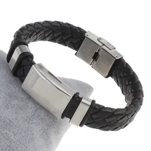 YYW черный шнурок из искусственной кожи тесьма обертывание браслеты панк мужские ювелирные изделия серебристого цвета пробки метки браслеты из нержавеющей стали