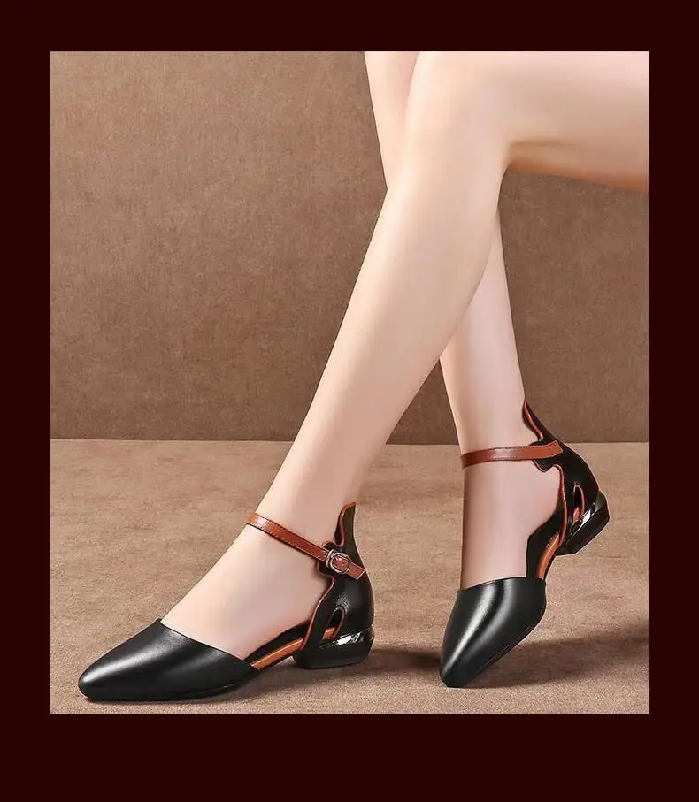 Zanpace/женские босоножки; коллекция года; летние модные низкие сандалии-гладиаторы; кожаная женская обувь; сандалии для офиса с острым носком; zapatos mujer