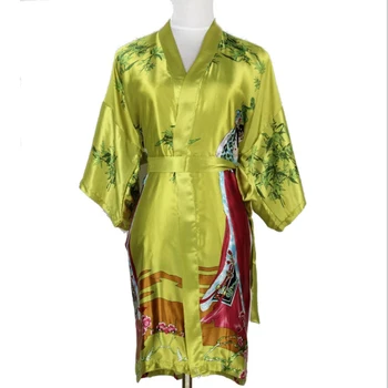 

New Arrival Green Chinese Women Short Robe Sexy Silk Kimono Bath Gown Vintage Printed Nightgownw Size S M L XL XXL XXXL 011924