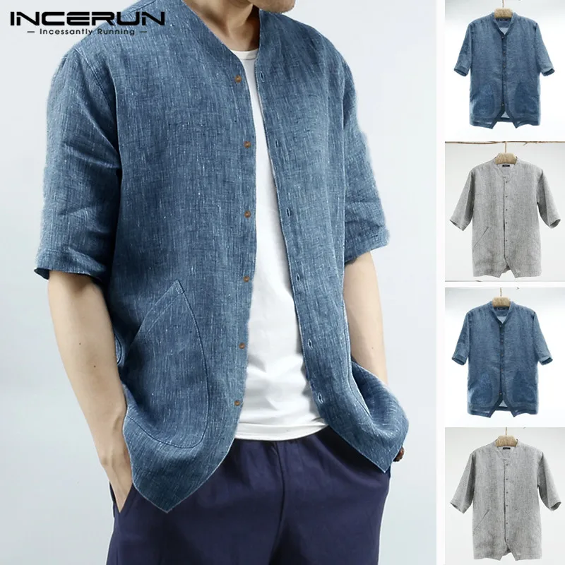 

INCERUN 2019 Men Casual Shirt V Neck Pockets Vintage Half Sleeve Button Breathable Chinese Style Kung Fu Shirts Men Camisa S-5XL