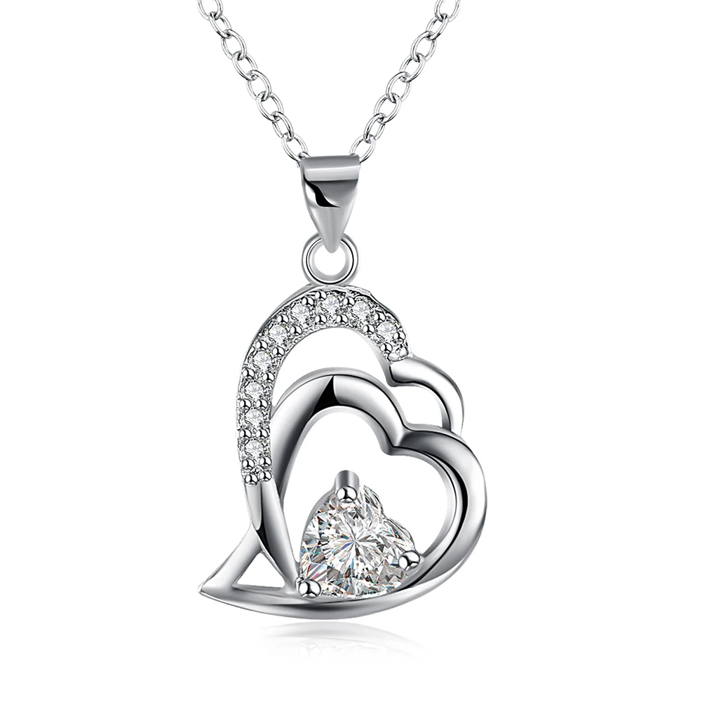 N869 Hot Sale Fashion Silver Plated Romantic Zircon Heart Pendant Necklace,Fashion Silver 925
