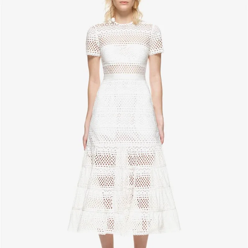 

HANZANGL 2019 Summer Women Dress New Heavy Work Embroidered White Crochet Flower Hollow Lace Mermaid Casual Party Dresses