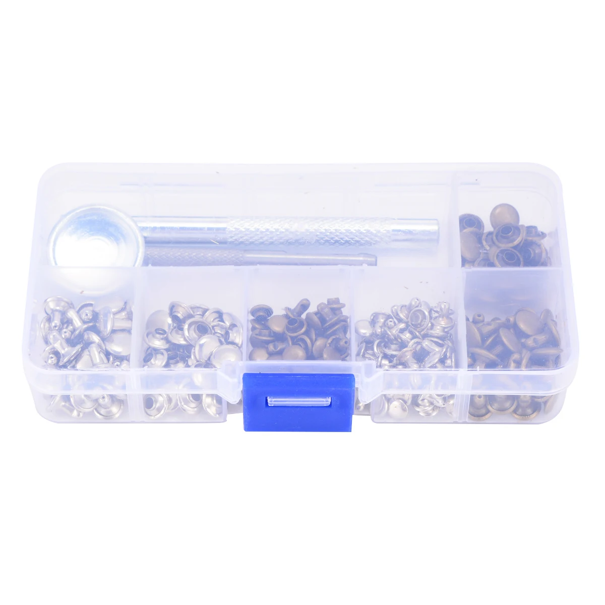 

120 Set Silver + Bronze Rivets DIY Crafts Leather Repairing Rivets Tubular Metal Single with Fixing Tool Kit with Storage Box