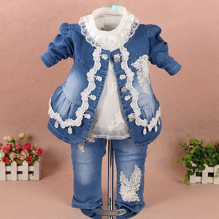 New Arrival Baby Girls Denim Suit 0 3 Yrs Lace Infant Costume Fashion