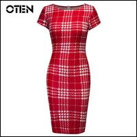 OTEN-Plus-size-pencil-work-dresses-2018-Women-Summer-Short-sleeve-O-Neck-Red-Plaid-Houndstooth