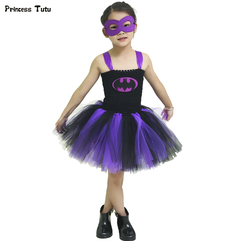 

Batman Kids Girls Tutu Dress Black and Purple Halloween Christmas Birthday Party Dress Children Girls Batgirl Superhero Costumes